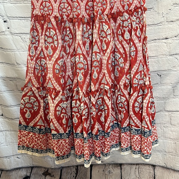 Ash & Eden Red Fenya Pom Pom Tiered Midi Cotton Dress Cotton Size Small - Picture 12 of 16